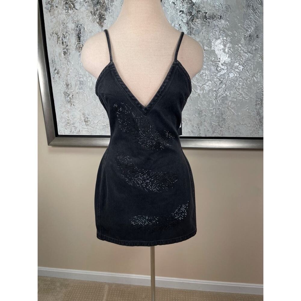 DAVID KOMA Rhinestone Feather Cami Sequin Embellished Denim Mini Dress Size 4 - Picture 2 of 8